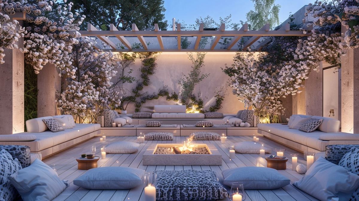 Corte esterna con pergola, candele e sedute al tramonto