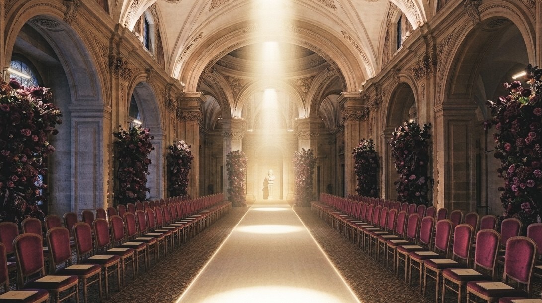 Una navata storica allestita per una sfilata: passerella illuminata, sedie in velluto prugna, composizioni floreali sulle colonne